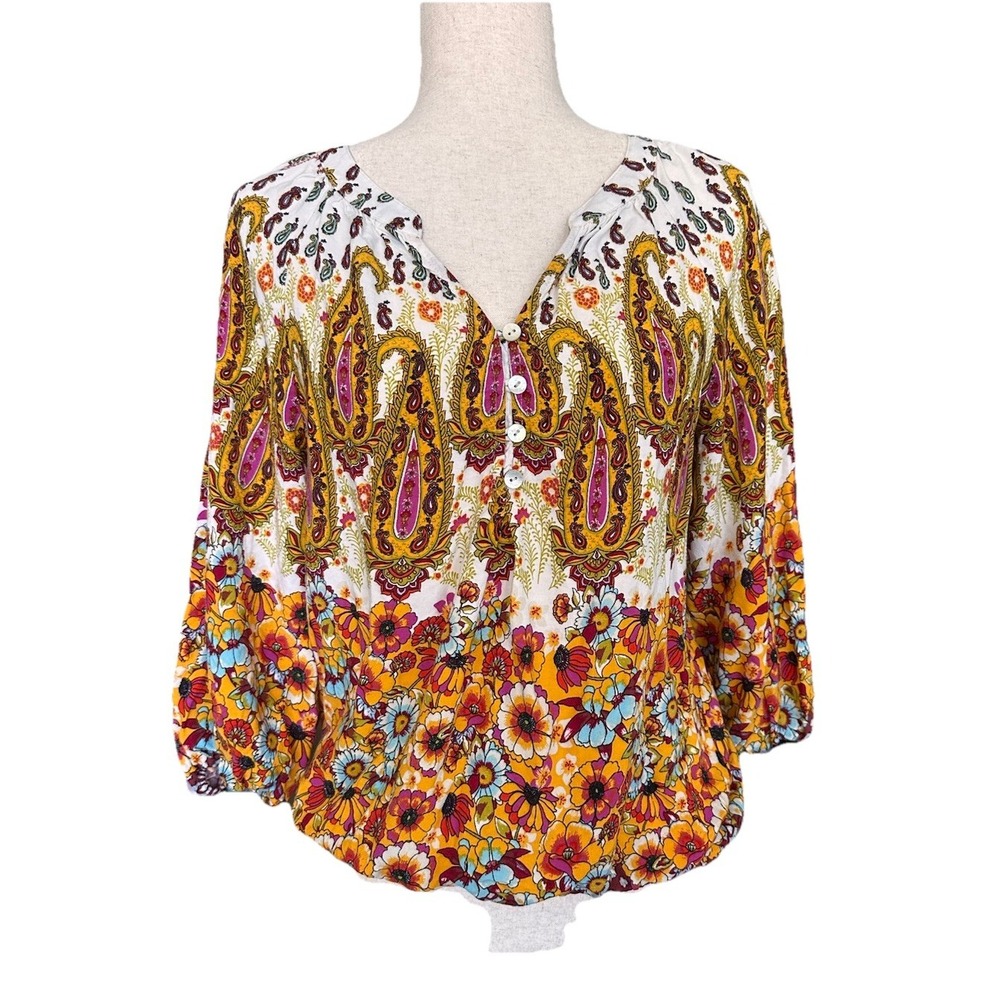 Womens Fig & Flower Floral Paisley 3/4 Sleeve Peasant Cottagecore Boho Top‎ M